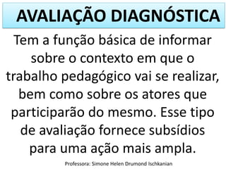 AVALIAÇÃO DIAGNÓSTICA
Tem a função básica de informar
sobre o contexto em que o
trabalho pedagógico vai se realizar,
bem como sobre os atores que
participarão do mesmo. Esse tipo
de avaliação fornece subsídios
para uma ação mais ampla.
Professora: Simone Helen Drumond Ischkanian
 