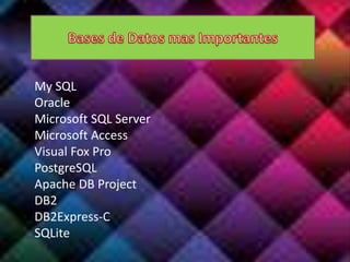 My SQL
Oracle
Microsoft SQL Server
Microsoft Access
Visual Fox Pro
PostgreSQL
Apache DB Project
DB2
DB2Express-C
SQLite
 