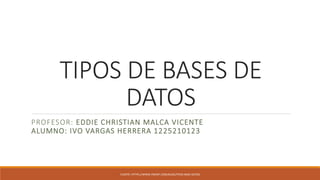 TIPOS DE BASES DE
DATOS
PROFESOR: EDDIE CHRISTIAN MALCA VICENTE
ALUMNO: IVO VARGAS HERRERA 1225210123
FUENTE: HTTPS://WWW.YMANT.COM/BLOG/TIPOS-BASE-DATOS
 