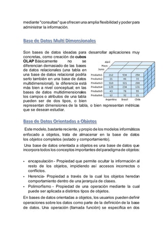 mediante "consultas" que ofrecenuna amplia flexibilidad y poderpara
administrar la información.
Son bases de datos ideadas para desarrollar aplicaciones muy
concretas, como creación de cubos
OLAP Básicamente no se
diferencian demasiado de las bases
de datos relacionales (una tabla en
una base de datos relacional podría
serlo también en una base de datos
multidimensional), la diferencia está
más bien a nivel conceptual; en las
bases de datos multidimensionales
los campos o atributos de una tabla
pueden ser de dos tipos, o bien
representan dimensiones de la tabla, o bien representan métricas
que se desean estudiar.
Este modelo,bastante reciente,ypropio de los modelos informáticos
enfocado a objetos, trata de almacenar en la base de datos
los objetos completos (estado y comportamiento).
Una base de datos orientada a objetos es una base de datos que
incorpora todos los conceptos importantes delparadigmade objetos:
 encapsulación - Propiedad que permite ocultar la información al
resto de los objetos, impidiendo así accesos incorrectos o
conflictos.
 Herencia- Propiedad a través de la cual los objetos heredan
comportamiento dentro de una jerarquía de clases.
 Polimorfismo - Propiedad de una operación mediante la cual
puede ser aplicada a distintos tipos de objetos.
En bases de datos orientadas a objetos, los usuarios pueden definir
operaciones sobre los datos como parte de la definición de la base
de datos. Una operación (llamada función) se especifica en dos
 