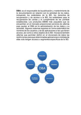 DBA; es el responsable de la publicación y mantenimiento de
la documentación en relación con la actividad de los datos,
incluyendo los estándares de la BD, los derechos de
recuperación y de acceso a la BD, los estándares para la
recuperación de caídas y el cumplimiento de las políticas
establecidas. Los productos DBMS más populares que se
encuentran en el mercado proporcionan servicios de utilerías
para ayudar al DBA en la administración de los datos y su
actividad. Algunos sistemas registran en forma automática los
nombres de los usuarios y de las aplicaciones a las que tienen
acceso, así como a otros objetos de la BD. Incorpora también
utilerías que permitan definir en el diccionario de datos las
restricciones paraque determinadas aplicacioneso módulosde
ellas solo tengan acceso a segmentos específicos de la BD.
 