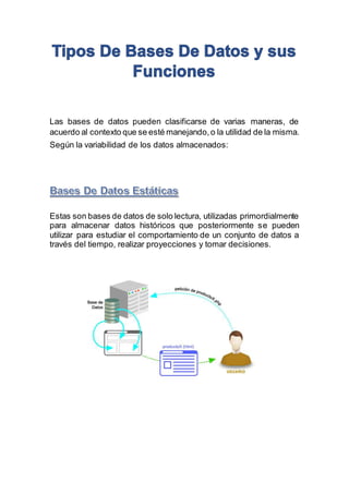Las bases de datos pueden clasificarse de varias maneras, de
acuerdo al contexto que se esté manejando,o la utilidad de la misma.
Según la variabilidad de los datos almacenados:
Estas son bases de datos de solo lectura, utilizadas primordialmente
para almacenar datos históricos que posteriormente se pueden
utilizar para estudiar el comportamiento de un conjunto de datos a
través del tiempo, realizar proyecciones y tomar decisiones.
 