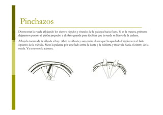 Pinchazos
1. Desmontar la rueda aflojando los cierres rápidos y tirando de la palanca hacia fuera. Si es la trasera, primero
   dejaremos puesto el piñón pequeño y el plato grande para facilitar que la rueda se libere de la cadena.
2. Afloja la tuerca de la válvula si hay. Abre la válvula y saca todo el aire que ha quedado Empieza en el lado
   opuesto de la válvula. Mete la palanca por este lado entre la llanta y la cubierta y muévela hacia el centro de la
   rueda. Ya tenemos la cámara.
 
