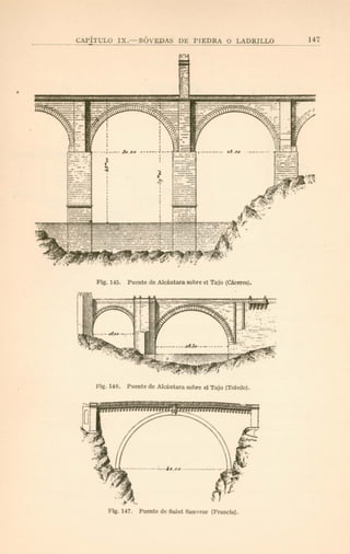 CAI'ÍTULO IX.-RÚYEDAS DE PIEDRA O LADRlLLO 14i
Fig. 145. Puente de A1cánlara sobre el Tajo (cáceres),
Flg. 146. Puente de Alcántara sobre el Tajo (Toledo).
o
·f'"
Puente de Salol Sau veur (Francia) .
 