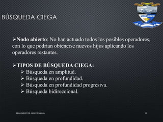 REALIZADO POR: HENRY CAMBAL 11
Nodo abierto: No han actuado todos los posibles operadores,
con lo que podrían obtenerse nuevos hijos aplicando los
operadores restantes.
TIPOS DE BÚSQUEDA CIEGA:
 Búsqueda en amplitud.
 Búsqueda en profundidad.
 Búsqueda en profundidad progresiva.
 Búsqueda bidireccional.
 