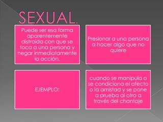 Puede ser esa forma
aparentemente
distraída con que se
toca a una persona y
negar inmediatamente
la acción.
Presionar a una persona
a hacer algo que no
quiere
EJEMPLO:
cuando se manipula o
se condiciona el afecto
o la amistad y se pone
a prueba al otro a
través del chantaje
 
