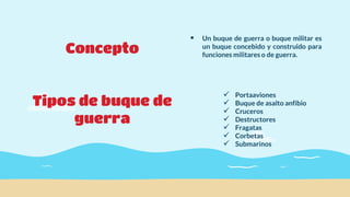 Concepto
Tipos de buque de
guerra
 Un buque de guerra o buque militar es
un buque concebido y construido para
funciones militares o de guerra.
 Portaaviones
 Buque de asalto anfibio
 Cruceros
 Destructores
 Fragatas
 Corbetas
 Submarinos
 