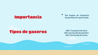 Importancia
Tipos de gaseros
• Son buques de transporte
de gas Natural o gas licuado.
LNG: Transporte de cloro.
LPG: Gas licuado de petróleo.
LEG: Gas licuado de etano.
 