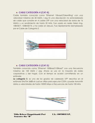 Nilda Rebeca Chuquichambi Paxi C.I.: 10070832 LP.
Semestre: 6to “B”
CABLE CATEGORÍA 4 (CAT 4):
Cable también conocido como "Ethernet 10baseT/TokenRing" con una
velocidad máxima de 20 Mbits / seg. Es una descripción no estandarizada
de cable que consiste en 4 cables UTP con una velocidad de datos de 16
Mbit/s y un rendimiento de hasta 20 MHz. Fue usado en redes token ring,
10BASE-T, 100BASE-T4, y ha caído en desuso. Fue rápidamente reemplazado
por el Cable de Categoría 5
CABLE CATEGORÍA 5 (CAT 5):
También conocido como "Ethernet 100BaseT/10BaseT" con una frecuencia
máxima de 100 Mbits / seg. Ahora se usa en la mayoría de redes
corporativas y del hogar. Con el tiempo se acabó convirtiendo en un
estándar.
La categoría 5, es uno de los grados de cableado UTP descritos en el
estándar EIA/TIA 568B el cual se utiliza para ejecutar CDDI y puede transmitir
datos a velocidades de hasta 10000 Mbps a frecuencias de hasta 100 Mhz
 