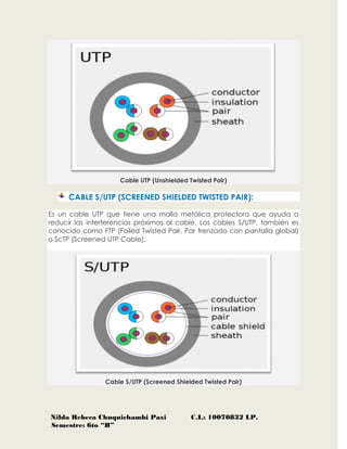 Nilda Rebeca Chuquichambi Paxi C.I.: 10070832 LP.
Semestre: 6to “B”
Cable UTP (Unshielded Twisted Pair)
CABLE S/UTP (SCREENED SHIELDED TWISTED PAIR):
Es un cable UTP que tiene una malla metálica protectora que ayuda a
reducir las interferencias próximas al cable. Los cables S/UTP, también es
conocido como FTP (Foiled Twisted Pair, Par trenzado con pantalla global)
o ScTP (Screened UTP Cable).
Cable S/UTP (Screened Shielded Twisted Pair)
 