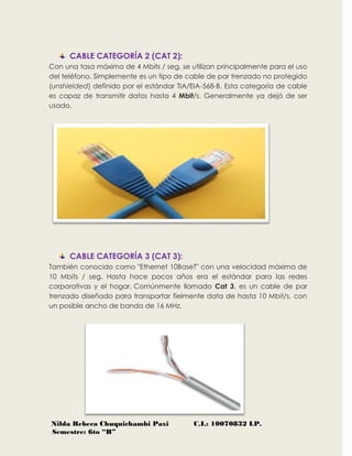 Nilda Rebeca Chuquichambi Paxi C.I.: 10070832 LP.
Semestre: 6to “B”
CABLE CATEGORÍA 2 (CAT 2):
Con una tasa máxima de 4 Mbits / seg, se utilizan principalmente para el uso
del teléfono. Simplemente es un tipo de cable de par trenzado no protegido
(unshielded) definido por el estándar TIA/EIA-568-B. Esta categoría de cable
es capaz de transmitir datos hasta 4 Mbit/s. Generalmente ya dejó de ser
usado.
CABLE CATEGORÍA 3 (CAT 3):
También conocido como "Ethernet 10BaseT" con una velocidad máxima de
10 Mbits / seg. Hasta hace pocos años era el estándar para las redes
corporativas y el hogar. Comúnmente llamado Cat 3, es un cable de par
trenzado diseñado para transportar fielmente data de hasta 10 Mbit/s, con
un posible ancho de banda de 16 MHz.
 