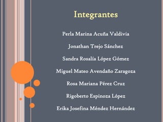 Integrantes
  Perla Marina Acuña Valdivia

    Jonathan Trejo Sánchez

  Sandra Rosalía López Gómez

Miguel Mateo Avendaño Zaragoza

   Rosa Mariana Pérez Cruz

   Rigoberto Espinoza López

Erika Josefina Méndez Hernández
 