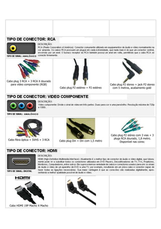 Cabo plug 3 RCA + 3 RCA X dourado
   para vídeo componente (RGB)                                          Cabo plug P2 stereo + jack P2 stereo
                                    Cabo plug P2 estéreo + P2 estéreo     com 5 metros, acabamento gold




                                                                        Cabo plug P2 stéreo com 3 vias + 3
 Cabo fibra óptica + SVHS + 3 RCA                                         plugs RCA dourado, 1,8 metro.
                                    Cabo plug Din + Din com 1,5 metro          Disponível nas cores:




  Cabo HDMI 19P Macho X Macho
 