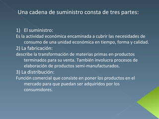 Una cadena de suministro consta de tres partes: El suministro: Es la actividad económica encaminada a cubrir las necesidades de consumo de una unidad económica en tiempo, forma y calidad. 2) La fabricación:  describe la transformación de materias primas en productos terminados para su venta. También involucra procesos de elaboración de productos semi-manufacturados. 3) La distribución: Función comercial que consiste en poner los productos en el mercado para que puedan ser adquiridos por los consumidores. 