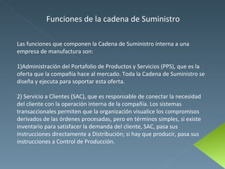 Funciones de la cadena de Suministro Las funciones que componen la Cadena de Suministro interna a una empresa de manufactura son: 1)Administración del Portafolio de Productos y Servicios (PPS), que es la oferta que la compañía hace al mercado. Toda la Cadena de Suministro se diseña y ejecuta para soportar esta oferta. 2) Servicio a Clientes (SAC), que es responsable de conectar la necesidad del cliente con la operación interna de la compañía. Los sistemas transaccionales permiten que la organización visualice los compromisos derivados de las órdenes procesadas, pero en términos simples, si existe inventario para satisfacer la demanda del cliente, SAC, pasa sus instrucciones directamente a Distribución; si hay que producir, pasa sus instrucciones a Control de Producción. 