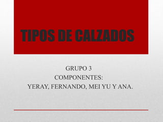 TIPOS DE CALZADOS
GRUPO 3
COMPONENTES:
YERAY, FERNANDO, MEI YU Y ANA.
 