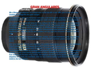 GRAN ANGULARES
28 a 35mm que abarcan un campo que va de los 60º a los 180º, por lo que son muy
usados en fotografía de gran campo.
Consideremos algunos factores comunes a las lentes gran angular. Cuanto menor sea
la distancia focal, más pronunciada será cada una de las siguientes características.
Una cobertura amplia del tema En una cámara de 35 mm, una lente de 28 mm ofrece
un ángulo de visión que se puede comparar al de los propios ojos. Si se cambia por
una lente más corta, como la de 20 mm, la diferencia será sustancial. Con esta
longitud, se obtiene un ángulo de visión extremadamente amplio, que incluye más
elementos en una foto de los que pueden ver los ojos sin recorrer el entorno con la
vista.
Gran profundidad de campo Con lentes cortas, se puede mantener toda una escena
dentro de un enfoque razonablemente nítido desde el primer plano hasta el último
plano.
Con una lente de 24 mm, por ejemplo, se puede representar un camión con remolque
entero (desde el parachoques delantero hasta el parachoques trasero) con la
suficiente nitidez cuando está formando un ángulo. Naturalmente, la mayor
profundidad de campo se consigue con pequeñas aperturas, como f/22, especialmente
cuando no nos acercamos demasiado al tema. Perspectiva ampliada o "exagerada"
Con distancias focales muy cortas, los objetos de una escena aparecen demasiado
alejados en la foto. En realidad, esto es una ilusión óptica que distorsiona el tamaño
relativo de los objetos.
 
