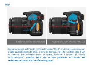 Apesar desta ser a definição correta do termo "DSLR", muitas pessoas associam
a sigla à possibilidade de trocar a lente da câmera, mas isto não tem nada a ver.
As câmeras que permitem troca de lentes, possuem o sistema de "lentes
intercambiáveis"; câmeras DSLR são as que permitem ao usuário ver
exatamente o que as lentes estão enxergando.
DSLR
 