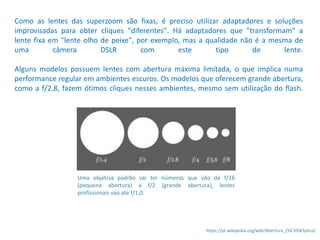 Como as lentes das superzoom são fixas, é preciso utilizar adaptadores e soluções
improvisadas para obter cliques "diferentes". Há adaptadores que "transformam" a
lente fixa em "lente olho de peixe", por exemplo, mas a qualidade não é a mesma de
uma câmera DSLR com este tipo de lente.
Alguns modelos possuem lentes com abertura máxima limitada, o que implica numa
performance regular em ambientes escuros. Os modelos que oferecem grande abertura,
como a f/2.8, fazem ótimos cliques nesses ambientes, mesmo sem utilização do flash.
Uma objetiva padrão vai ter números que vão de f/16
(pequena abertura) a f/2 (grande abertura), lentes
profissionais vao ate f/1,0.
https://pt.wikipedia.org/wiki/Abertura_(%C3%B3ptica)
 