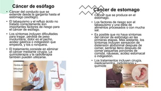 Cáncer de esófago
• Cáncer del conducto que se
extiende desde la garganta hasta el
estómago (esófago).
• El tabaquismo y el reflujo ácido no
tratado correctamente son
importantes factores de riesgo para
el cáncer de esófago.
• Los síntomas incluyen dificultades
para tragar, pérdida de peso
involuntaria, dolor en el pecho,
acidez gástrica o indigestión que
empeora, y tos o ronquera.
• El tratamiento consiste en eliminar
el cáncer mediante cirugía. La
quimioterapia y la radioterapia
también pueden utilizarse.
Cáncer de estomago
• Cáncer que se produce en el
estómago.
• Los factores de riesgo son el
tabaquismo y una dieta de
alimentos procesados o con mucha
sal.
• Es posible que no haya síntomas
del cáncer de estómago en las
primeras etapas. Más adelante, los
síntomas incluyen sensación de
distensión abdominal después de
comer, sentirse lleno después de
comer pequeñas porciones de
comida, náuseas, acidez estomacal
o indigestión.
• Los tratamientos incluyen cirugía,
medicamentos, radioterapia y
quimioterapia.
16
 