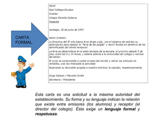 Esta carta es una solicitud a la máxima autoridad del
establecimiento. Su forma y su lenguaje indican la relación
que existe entre emisores (los alumnos) y receptor (el
director del colegio). Ésta exige un lenguaje formal y
respetuoso.
CARTA
FORMAL
 