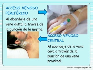 ACCESO VENOSO
PERIFÉRICO
Al abordaje de una
vena distal a través de
la punción de la misma.
ACCESO VENOSO
CENTRAL
Al abordaje de la vena
cava a través de la
punción de una vena
proximal.
 