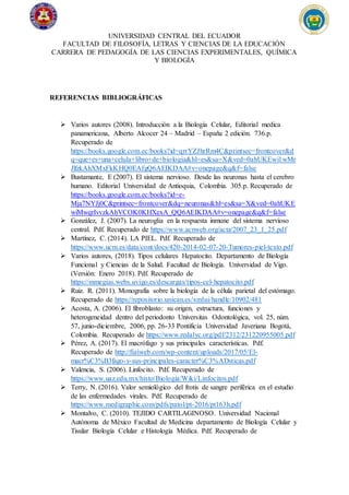 UNIVERSIDAD CENTRAL DEL ECUADOR
FACULTAD DE FILOSOFÍA, LETRAS Y CIENCIAS DE LA EDUCACIÓN
CARRERA DE PEDAGOGÍA DE LAS CIENCIAS EXPERIMENTALES, QUÍMICA
Y BIOLOGÍA
REFERENCIAS BIBLIOGRÁFICAS
 Varios autores (2008). Introducción a la Biología Celular, Editorial medica
panamericana, Alberto Alcocer 24 – Madrid – España 2 edición. 736.p.
Recuperado de
https://books.google.com.ec/books?id=qrrYZJhrRm4C&printsec=frontcover&d
q=que+es+una+celula+libro+de+biologia&hl=es&sa=X&ved=0ahUKEwi1wMr
JlfzkAhXMxFkKHQ0EAfgQ6AEIKDAA#v=onepage&q&f=false
 Bustamante, E (2007). El sistema nervioso. Desde las neuronas hasta el cerebro
humano. Editorial Universidad de Antioquia, Colombia. 305.p. Recuperado de
https://books.google.com.ec/books?id=e-
Mja7NYJj0C&printsec=frontcover&dq=neuronas&hl=es&sa=X&ved=0ahUKE
wiMwqrIvvzkAhVCOK0KHXexA_QQ6AEIKDAA#v=onepage&q&f=false
 González, J. (2007). La neuroglia en la respuesta inmune del sistema nervioso
central. Pdf. Recuperado de https://www.acnweb.org/acta/2007_23_1_25.pdf
 Martínez, C. (2014). LA PIEL. Pdf. Recuperado de
https://www.ucm.es/data/cont/docs/420-2014-02-07-20-Tumores-piel-texto.pdf
 Varios autores, (2018). Tipos celulares Hepatocito. Departamento de Biología
Funcional y Ciencias de la Salud. Facultad de Biología. Universidad de Vigo.
(Versión: Enero 2018). Pdf. Recuperado de
https://mmegias.webs.uvigo.es/descargas/tipos-cel-hepatocito.pdf
 Ruiz. R. (2011). Monografía sobre la biología de la célula parietal del estómago.
Recuperado de https://repositorio.unican.es/xmlui/handle/10902/481
 Acosta, A. (2006). El fibroblasto: su origen, estructura, funciones y
heterogeneidad dentro del periodonto Universitas Odontológica, vol. 25, núm.
57, junio-diciembre, 2006, pp. 26-33 Pontificia Universidad Javeriana Bogotá,
Colombia. Recuperado de https://www.redalyc.org/pdf/2312/231220955005.pdf
 Pérez, A. (2017). El macrófago y sus principales características. Pdf.
Recuperado de http://fiaiweb.com/wp-content/uploads/2017/05/El-
macr%C3%B3fago-y-sus-principales-caracter%C3%ADsticas.pdf
 Valencia, S. (2006). Linfocito. Pdf. Recuperado de
https://www.uaz.edu.mx/histo/Biologia/Wiki/Linfocitos.pdf
 Terry, N. (2016). Valor semiológico del frotis de sangre periférica en el estudio
de las enfermedades virales. Pdf. Recuperado de
https://www.medigraphic.com/pdfs/patol/pt-2016/pt163h.pdf
 Montalvo, C. (2010). TEJIDO CARTILAGINOSO. Universidad Nacional
Autónoma de México Facultad de Medicina departamento de Biología Celular y
Tisular Biología Celular e Histología Médica. Pdf. Recuperado de
 