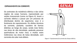 ESPRAIAMENTO DA CORRENTE
Os contrastes da resistência elétrica e das várias
regiões do corpo humano, representado por
seções transversais (como na Figura 4), levam a
corrente elétrica a passar por um processo de
distribuição dentro do organismo; esse é o
fenômeno do espraiamento. Os efeitos térmicos
da corrente, portanto, sucedem de formas
distintas ao longo do corpo, sendo mais fortes
nas áreas de alta densidade, podendo provocar
queimaduras de maior risco, e muitas vezes
inofensivos nas áreas de baixa densidade, com
correntes de calor mais débeis.
Figura 4 - Espraiamento da corrente do choque elétrico.
 