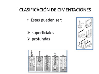 CLASIFICACIÓN DE CIMENTACIONES

   • Éstas pueden ser:

    superficiales
    profundas
 