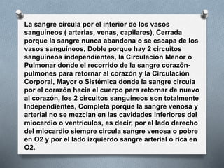 La sangre circula por el interior de los vasos
sanguíneos ( arterias, venas, capilares), Cerrada
porque la sangre nunca abandona o se escapa de los
vasos sanguíneos, Doble porque hay 2 circuitos
sanguíneos independientes, la Circulación Menor o
Pulmonar donde el recorrido de la sangre corazón-
pulmones para retornar al corazón y la Circulación
Corporal, Mayor o Sistémica donde la sangre circula
por el corazón hacia el cuerpo para retornar de nuevo
al corazón, los 2 circuitos sanguíneos son totalmente
Independientes, Completa porque la sangre venosa y
arterial no se mezclan en las cavidades inferiores del
miocardio o ventrículos, es decir, por el lado derecho
del miocardio siempre circula sangre venosa o pobre
en O2 y por el lado izquierdo sangre arterial o rica en
O2.
 