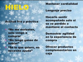 Mantener cordialidad Lenguaje preciso Hacerlo sentir acompañado solo si se ve perdido o mantiene el contacto Demostrar agilidad en la experiencia de compra Ofrecer productos complementarios en caja HIELO Actitud fría y práctica “ No me molesten, solo vengo a comprar “ No tengo ganas de hablar” “ Sé lo que quiero, no necesito ayuda” 