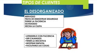 TIPOS DE CLIENTES
EL DESORGANIZADO
NERVIOSO
TRATA DE DEMOSTRAR SEGURIDAD
PIERDE LA PACIENCIA
OLVIDADIZO
HECHA LA CULPA

•ATENDERLO CON PACIENCIA
•SER CALMADOS
•TENER LA INICIATIVA
•MOSTRAR EMPATIA
•FACILITARLE LAS COSAS

 