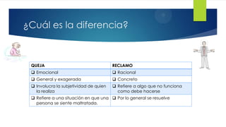 ¿Cuál es la diferencia?

QUEJA

RECLAMO

 Emocional

 Racional

 General y exagerada

 Concreto

 Involucra la subjetividad de quien
la realiza

 Refiere a algo que no funciona
como debe hacerse

 Refiere a una situación en que una  Por lo general se resuelve
persona se siente maltratada.

 