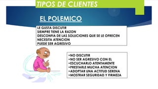 TIPOS DE CLIENTES
EL POLEMICO
LE GUSTA DISCUTIR
SIEMPRE TIENE LA RAZON
DESCONFIA DE LAS SOLUCIONES QUE SE LE OFRECEN
NECESITA ATENCION
PUEDE SER AGRESIVO
•NO DISCUTIR
•NO SER AGRESIVO CON EL
•ESCUCHARLO ATENTAMENTE
•PRESTARLE MUCHA ATENCION
•ADOPTAR UNA ACTITUD SERENA
•MOSTRAR SEGURIDAD Y FIRMEZA

 