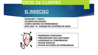 TIPOS DE CLIENTES
EL INDECISO
INSEGURO Y TIMIDO
SE SIENTE INCOMODO
CIERTO SENTIDO DE INFERIORIDAD
DICE QUE “SI” AUNQUE NO SE ENTERE DE NADA

•INSPIRARLE CONFIANZA
•PREGUNTARLE PARA QUE HABLE
•ASEGURAR SU COMPRENSION
•EVITAR CRITICAR
•EVITAR ACTITUDES DE SUPERIORIDAD

 