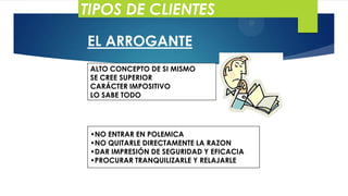 TIPOS DE CLIENTES
EL ARROGANTE
ALTO CONCEPTO DE SI MISMO
SE CREE SUPERIOR
CARÁCTER IMPOSITIVO
LO SABE TODO

•NO ENTRAR EN POLEMICA
•NO QUITARLE DIRECTAMENTE LA RAZON
•DAR IMPRESIÓN DE SEGURIDAD Y EFICACIA
•PROCURAR TRANQUILIZARLE Y RELAJARLE

 
