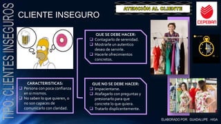 CLIENTE INSEGURO
CARACTERISTICAS:
 Persona con poca confianza
en si mismos.
 No saben lo que quieren, o
no son capaces de
comunicarlo con claridad.
QUE SE DEBE HACER:
 Contagiarlo de serenidad.
 Mostrarle un autentico
deseo de servirle.
 Hacerle ofrecimientos
concretos.
QUE NO SE DEBE HACER:
 Impacientarse.
 Atafagarlo con preguntas y
presionarlo para que
concrete lo que quiera.
 Tratarlo displicentemente.
 