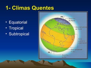 1- Climas Quentes

• Equatorial
• Tropical
• Subtropical
 