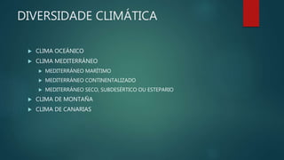 DIVERSIDADE CLIMÁTICA
 CLIMA OCEÁNICO
 CLIMA MEDITERRÁNEO
 MEDITERRÁNEO MARÍTIMO
 MEDITERRÁNEO CONTINENTALIZADO
 MEDITERRÁNEO SECO, SUBDESÉRTICO OU ESTEPARIO
 CLIMA DE MONTAÑA
 CLIMA DE CANARIAS
 