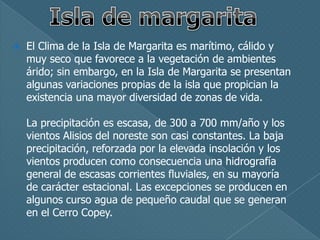 

El Clima de la Isla de Margarita es marítimo, cálido y
muy seco que favorece a la vegetación de ambientes
árido; sin embargo, en la Isla de Margarita se presentan
algunas variaciones propias de la isla que propician la
existencia una mayor diversidad de zonas de vida.
La precipitación es escasa, de 300 a 700 mm/año y los
vientos Alisios del noreste son casi constantes. La baja
precipitación, reforzada por la elevada insolación y los
vientos producen como consecuencia una hidrografía
general de escasas corrientes fluviales, en su mayoría
de carácter estacional. Las excepciones se producen en
algunos curso agua de pequeño caudal que se generan
en el Cerro Copey.

 