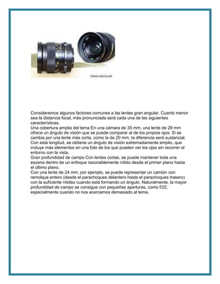 Consideremos algunos factores comunes a las lentes gran angular. Cuanto menor
sea la distancia focal, más pronunciada será cada una de las siguientes
características.
Una cobertura amplia del tema En una cámara de 35 mm, una lente de 28 mm
ofrece un ángulo de visión que se puede comparar al de los propios ojos. Si se
cambia por una lente más corta, como la de 20 mm, la diferencia será sustancial.
Con esta longitud, se obtiene un ángulo de visión extremadamente amplio, que
incluye más elementos en una foto de los que pueden ver los ojos sin recorrer el
entorno con la vista.
Gran profundidad de campo Con lentes cortas, se puede mantener toda una
escena dentro de un enfoque razonablemente nítido desde el primer plano hasta
el último plano.
Con una lente de 24 mm, por ejemplo, se puede representar un camión con
remolque entero (desde el parachoques delantero hasta el parachoques trasero)
con la suficiente nitidez cuando está formando un ángulo. Naturalmente, la mayor
profundidad de campo se consigue con pequeñas aperturas, como f/22,
especialmente cuando no nos acercamos demasiado al tema.
 
