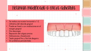 Neuman modificado o encía adherida
• Se realiza una incisión horizontal a 1-2
milímetros del reborde gingival
• Puede ser lineal o con ondulaciones en el
margen gingival
• Dos descargas
• Reposición del colgajo precisa
• Dehiscencias y fenestración
• Tejido gingival fino y fácil de desgarro
• Sin problemas periodontales
 