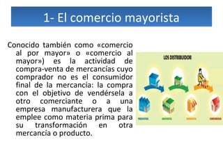 1- El comercio mayorista1- El comercio mayorista
Conocido también como «comercio
al por mayor» o «comercio al
mayor») es la actividad de
compra-venta de mercancías cuyo
comprador no es el consumidor
final de la mercancía: la compra
con el objetivo de vendérsela a
otro comerciante o a una
empresa manufacturera que la
emplee como materia prima para
su transformación en otra
mercancía o producto.
 