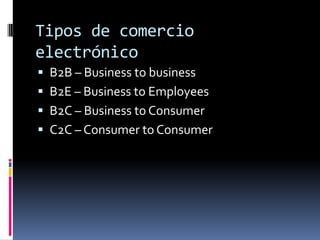 Tipos de comercio electrónico B2B – Business tobusiness B2E – Business toEmployees B2C – Business toConsumer C2C – ConsumertoConsumer 
