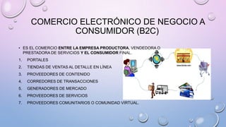 COMERCIO ELECTRÓNICO DE NEGOCIO A
CONSUMIDOR (B2C)
• ES EL COMERCIO ENTRE LA EMPRESA PRODUCTORA, VENDEDORA O
PRESTADORA DE SERVICIOS Y EL CONSUMIDOR FINAL.
1.

PORTALES

2.

TIENDAS DE VENTAS AL DETALLE EN LÍNEA

3.

PROVEEDORES DE CONTENIDO

4.

CORREDORES DE TRANSACCIONES

5.

GENERADORES DE MERCADO

6.

PROVEEDORES DE SERVICIOS

7.

PROVEEDORES COMUNITARIOS O COMUNIDAD VIRTUAL.

 