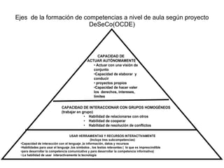 Ejes  de la formación de competencias a nivel de aula según proyecto DeSeCo(OCDE) 