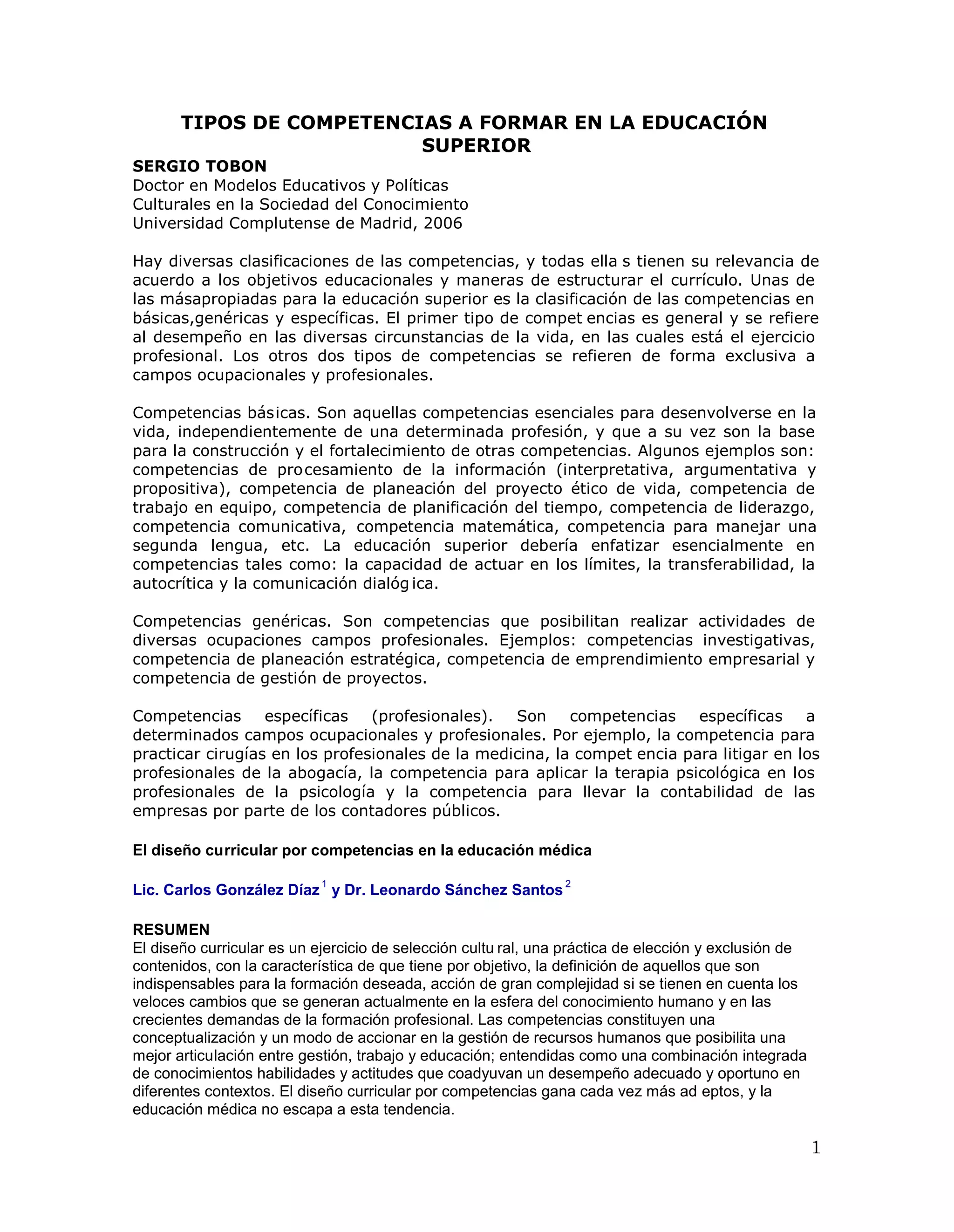Tipos de competencias a formar en la educación superior | PDF