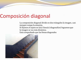 Composición diagonal
La composición diagonal divide en dos triángulos la imagen, casi
siempre rompe la simetría.
Si fijamos el sujeto en la(s) linea(s) diagonal(es) logramos que
la imagen se vea más dinámica.
Está comprobado que las líneas diagonales
 
