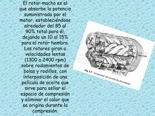 El rotor macho es el
que absorbe la potencia
suministrada por el
motor, estableciéndose
alrededor del 85 al
90% total para él,
dejando un 10 al 15%
para el rotor hembra.
Los rotores giran a
velocidades lentas
(1300 a 2400 rpm)
sobre rodamientos de
bolas y rodillos, con
interposición de una
película de aceite que
sirve para sellar el
espacio de compresión
y eliminar el calor que
se origina durante la
compresión.
 