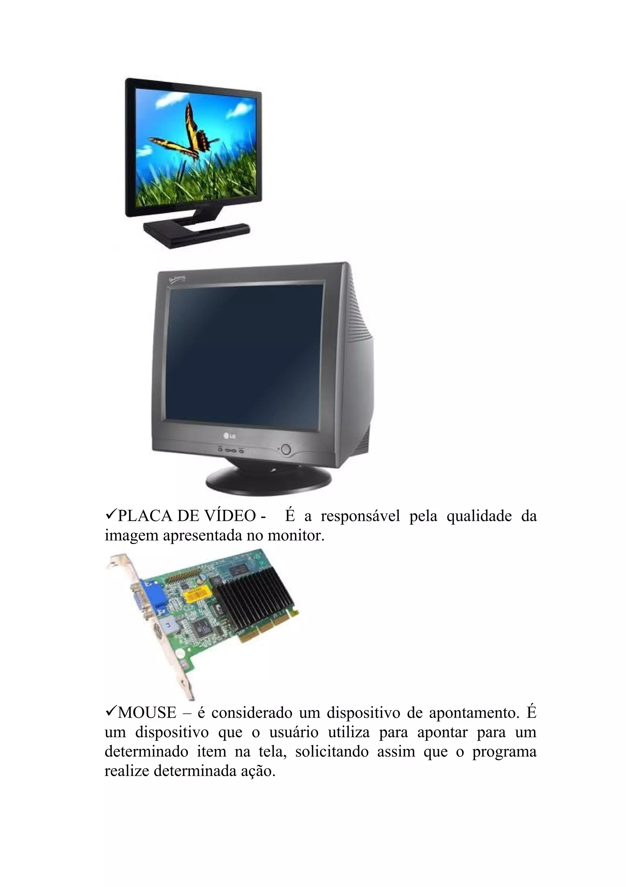 PLACA DE VÍDEO - É a responsável pela qualidade da
imagem apresentada no monitor.




MOUSE – é considerado um dispositivo de apontamento. É
um dispositivo que o usuário utiliza para apontar para um
determinado item na tela, solicitando assim que o programa
realize determinada ação.
 